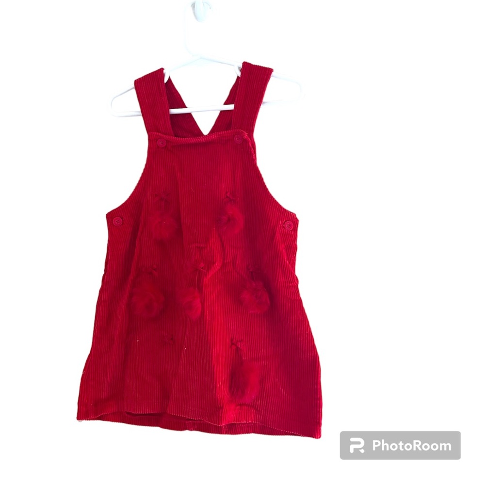 🔴Girl size 4, red corduroy dress with pompom design on front, preowned🔴